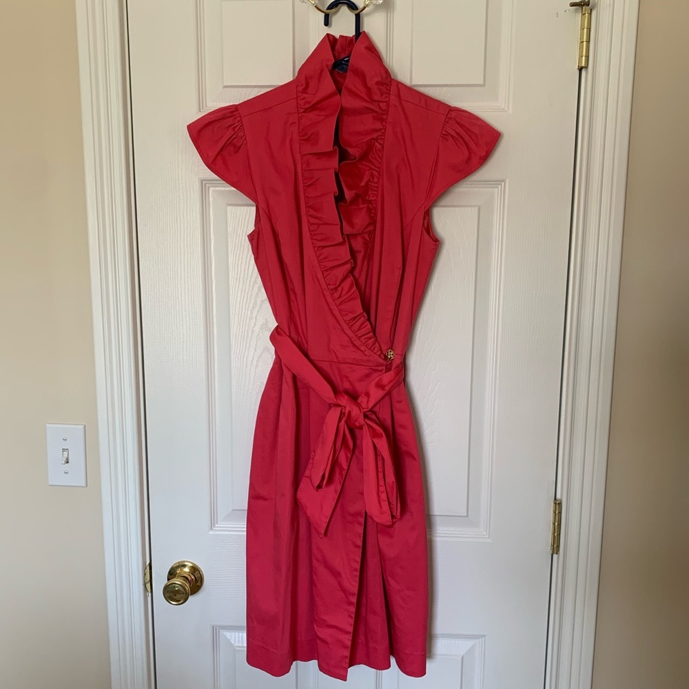 Euc 4 Elizabeth McKay wrap ruffle Scotland dress red watermelon